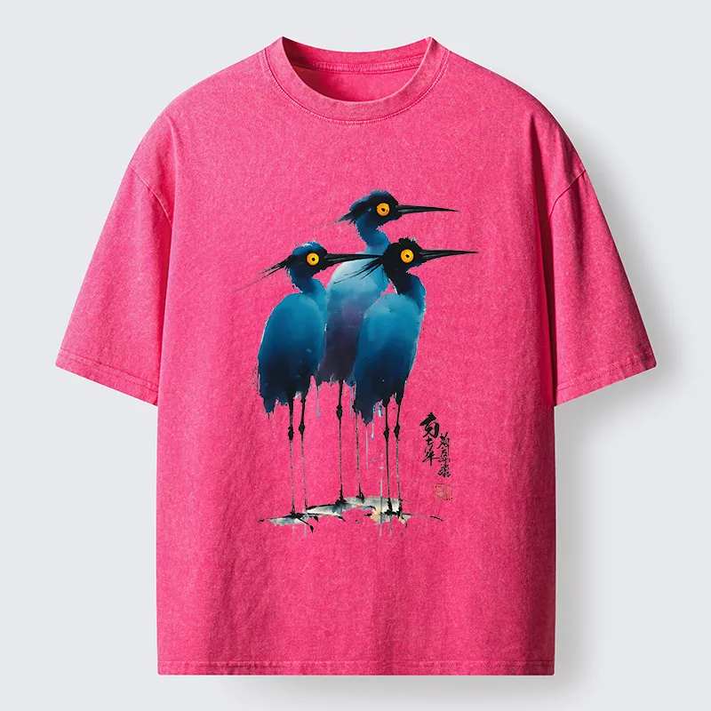 Tokyo-Lion Great Blue Heron Ink Painting Washed T-Shirt