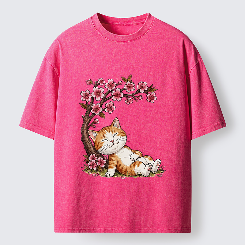 Tokyo-Lion Cat Sleeps Under Sakura Washed T-Shirt