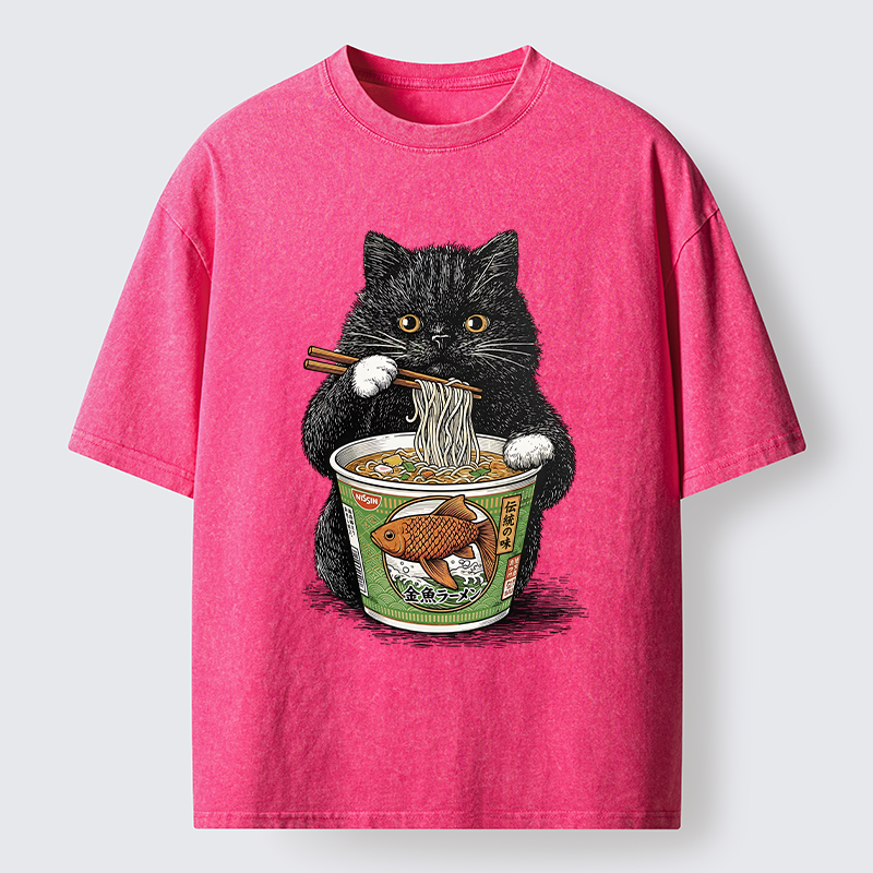 Tokyo-Lion Black Cat Eating Japanese Food Washed T-Shirt