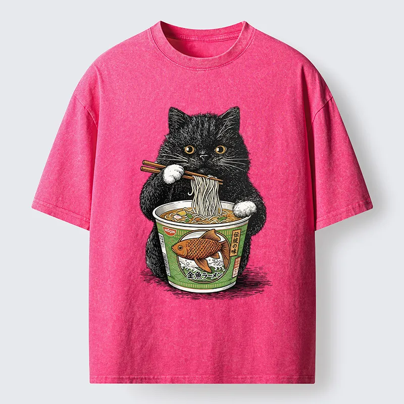 Tokyo-Lion Black Cat Eating Japanese Food Washed T-Shirt
