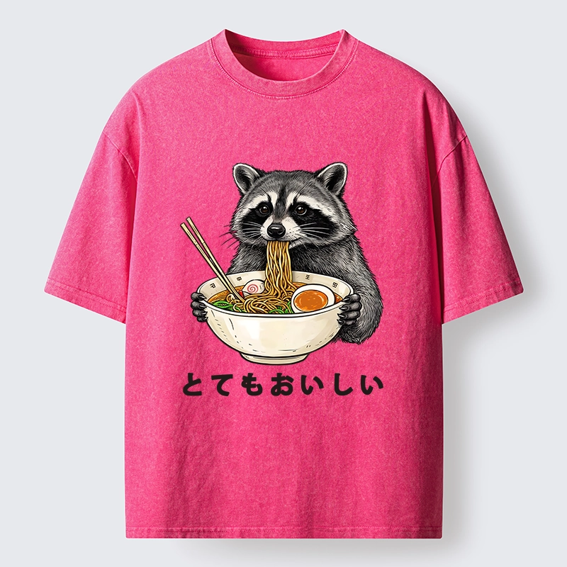 Tokyo-Lion Raccoon Eating A Big Bowl Of Ramen Washed T-Shirt