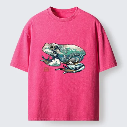 Tokyo-Lion Frogs And Ukiyo-e Waves Washed T-Shirt