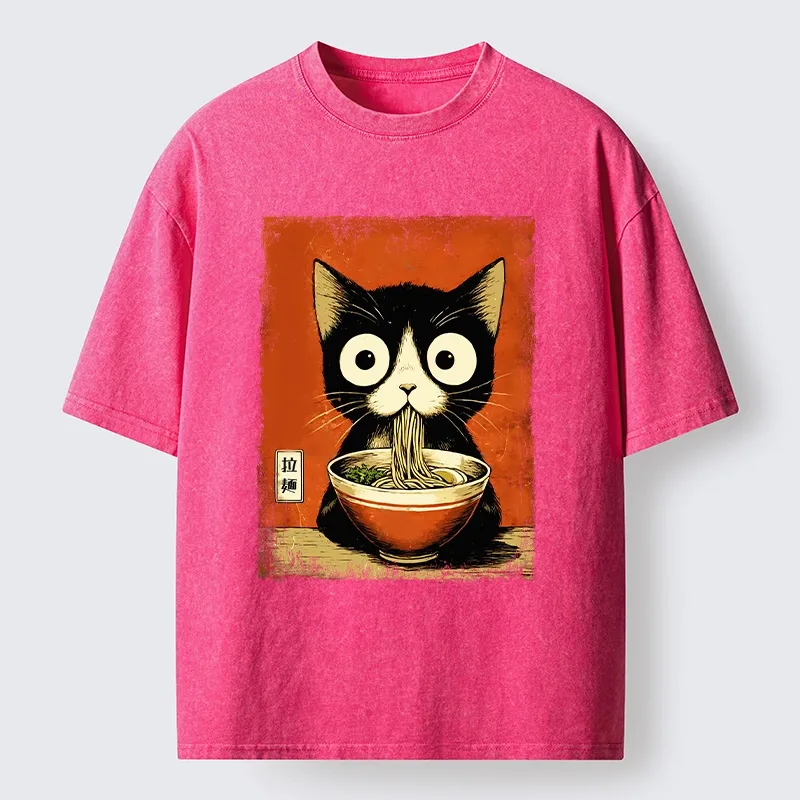 Tokyo-Lion Ramen Loving Black Cat Washed T-Shirt