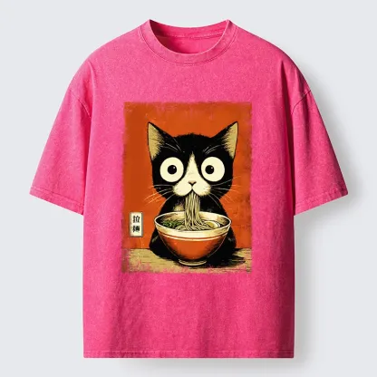 Tokyo-Lion Ramen Loving Black Cat Washed T-Shirt