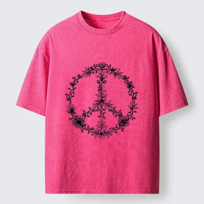 Tokyo-Lion Circle of Flower Peace Sign Washed T-Shirt
