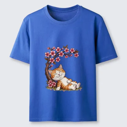 Tokyo-Lion Cat Sleeps Under Sakura Classic T-Shirt
