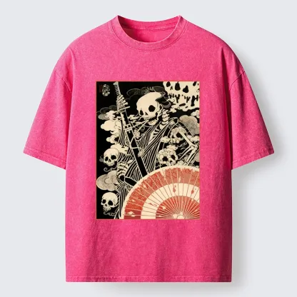 Tokyo-Lion Dark Samurai Skeleton Art Washed T-Shirt