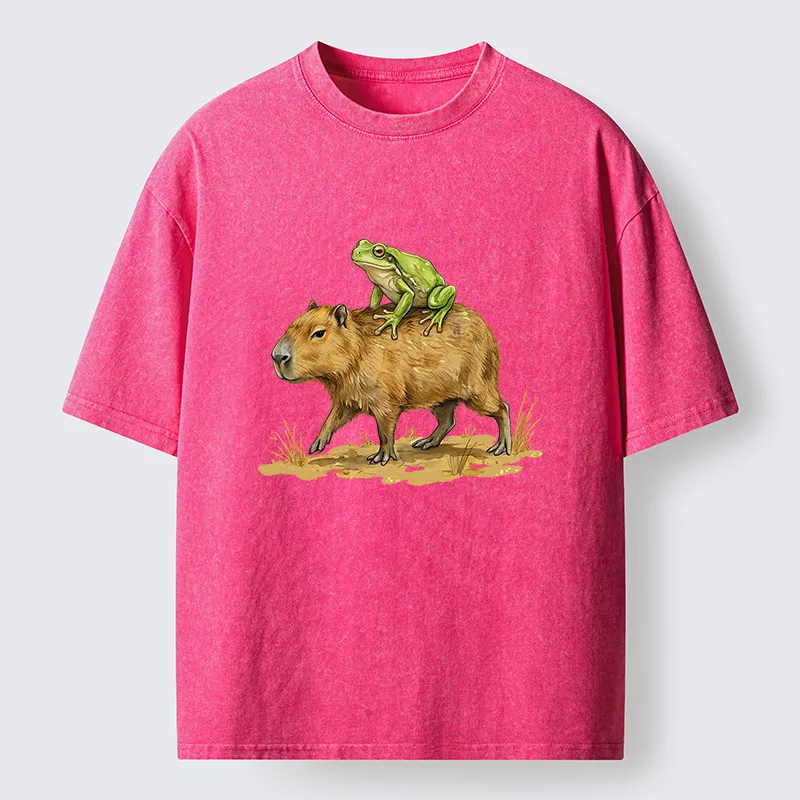 Tokyo-Lion Frog Riding A Capybara Washed T-Shirt