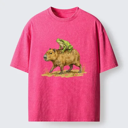 Tokyo-Lion Frog Riding A Capybara Washed T-Shirt
