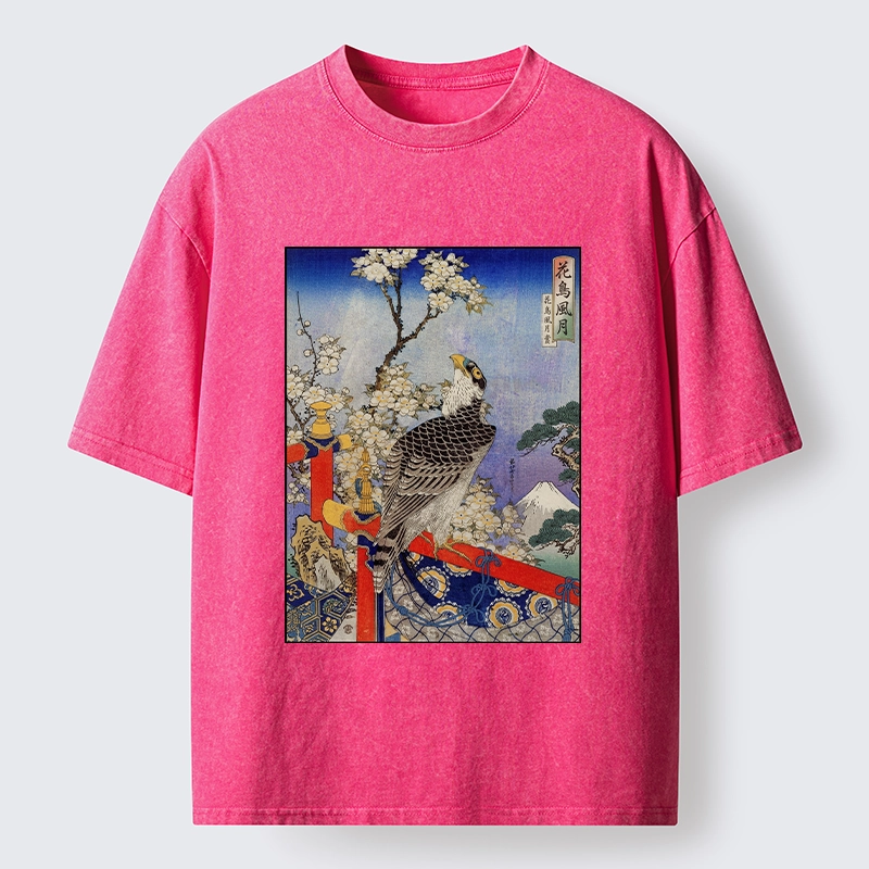 Tokyo-Lion Sakura, Eagle And Mount Fuji In Ukiyo-E Washed T-Shirt