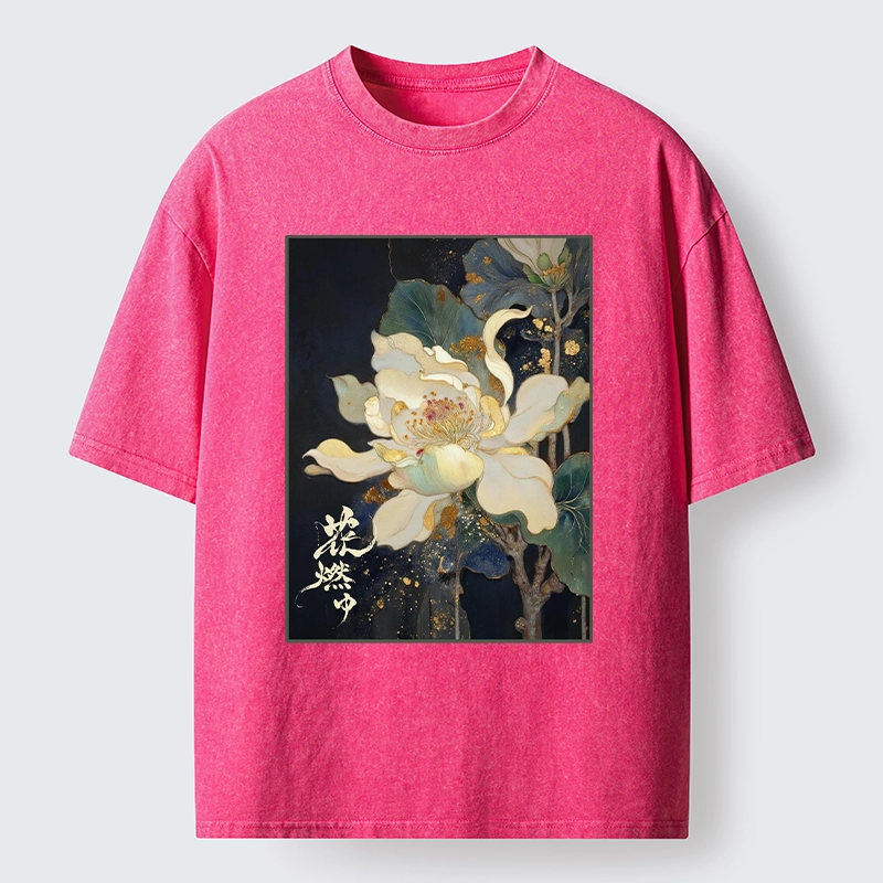 Tokyo-Lion Lotus Adorned With Golden Specks Washed T-Shirt