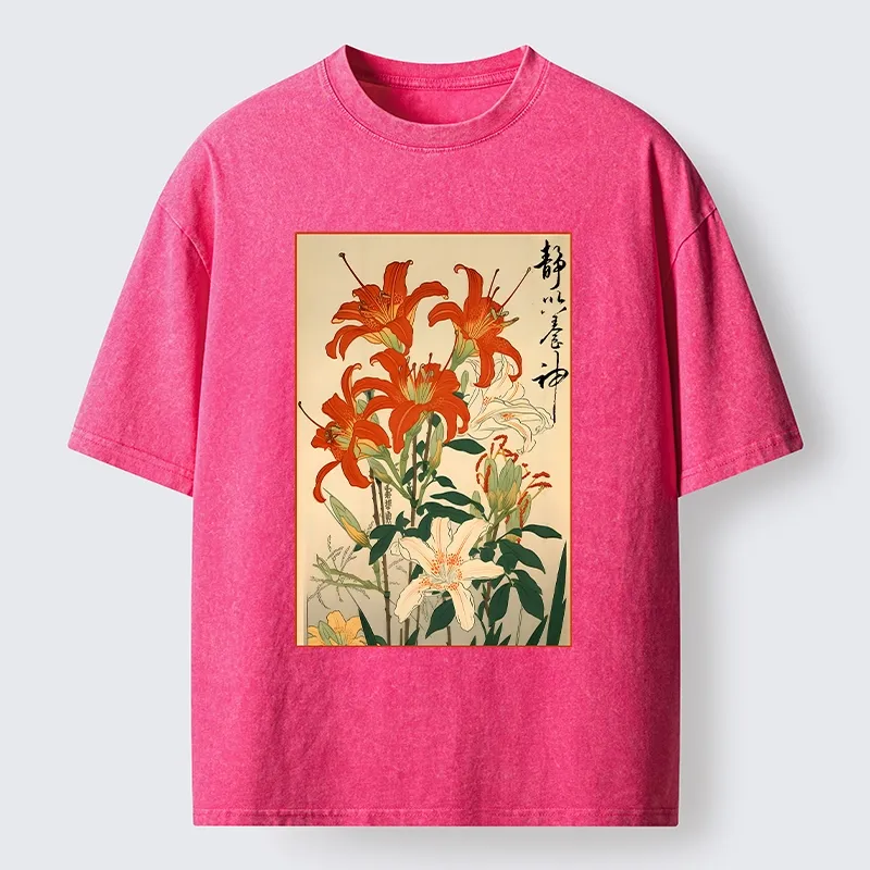 Tokyo-Lion Vibrant Red And White Lilies Washed T-Shirt-Tokyo-Lion