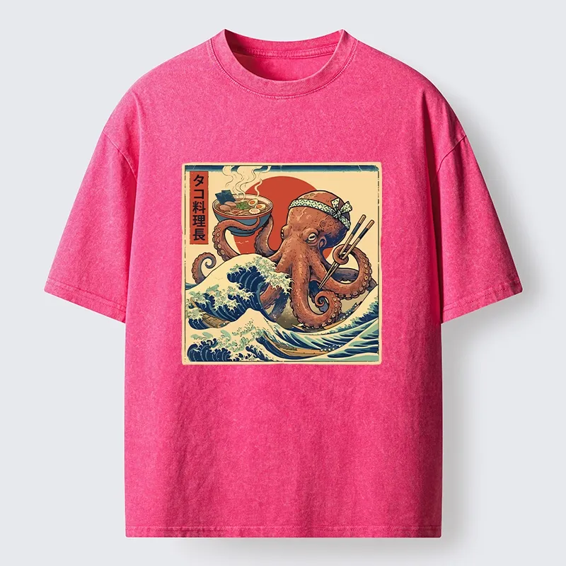 Tokyo-Lion Ukiyo-E Octopus Ramen Master Washed T-Shirt