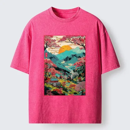 Tokyo-Lion Golden Sun Over Serene Valley Washed T-Shirt