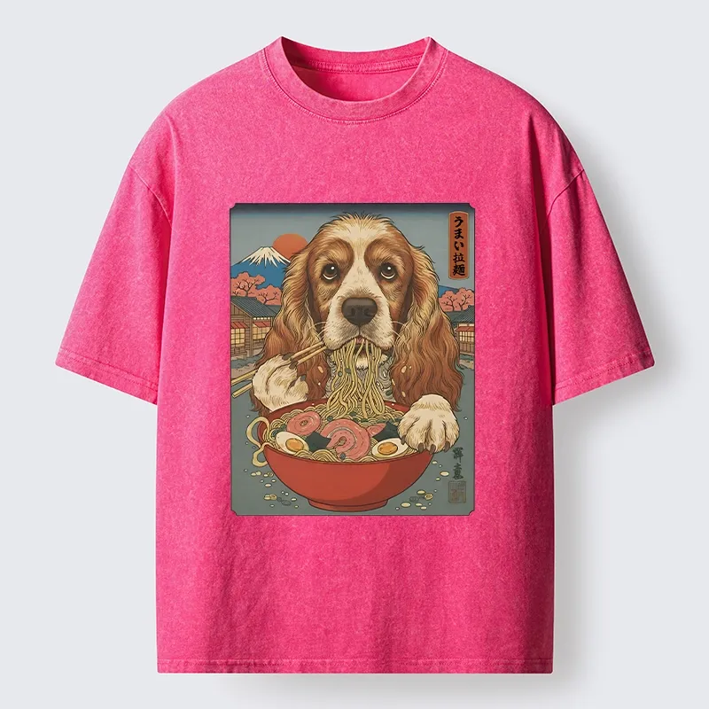 Tokyo-Lion Dog Slurping Ramen In Japanese Style Washed T-Shirt