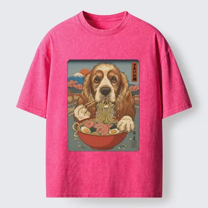 Tokyo-Lion Dog Slurping Ramen In Japanese Style Washed T-Shirt