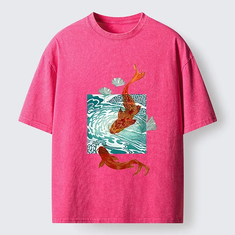Tokyo-Lion Vibrant Koi In Wave Patterns Washed T-Shirt