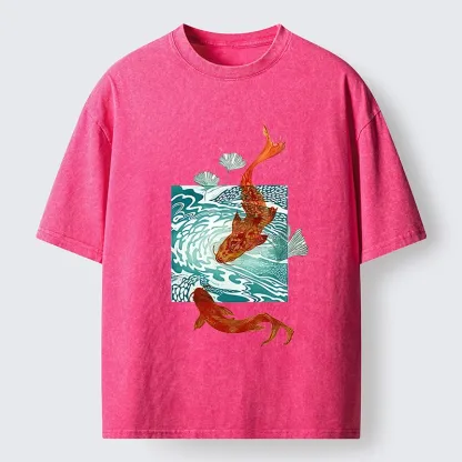 Tokyo-Lion Vibrant Koi In Wave Patterns Washed T-Shirt