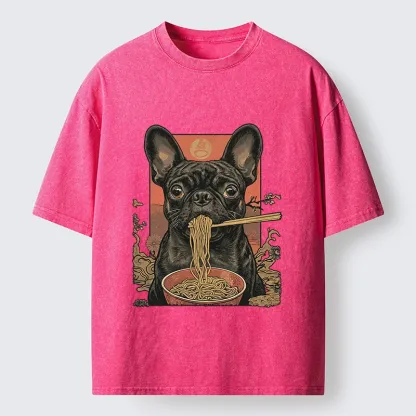 Tokyo-Lion Vintage Style Dog And Ramen Art Washed T-Shirt