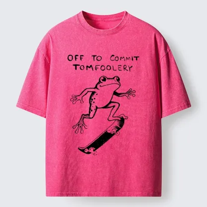 Tokyo-Lion Playful Frog Skateboarding Washed T-Shirt