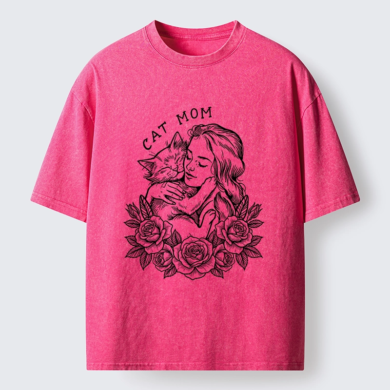 Tokyo-Lion Cat Mom Cuddling Her Kitten Washed T-Shirt