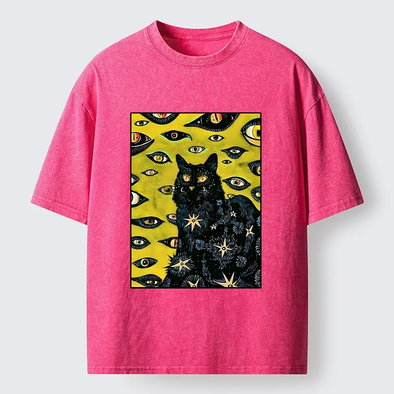 Tokyo-Lion Cat With Many Eyes And Stars Washed T-Shirt
