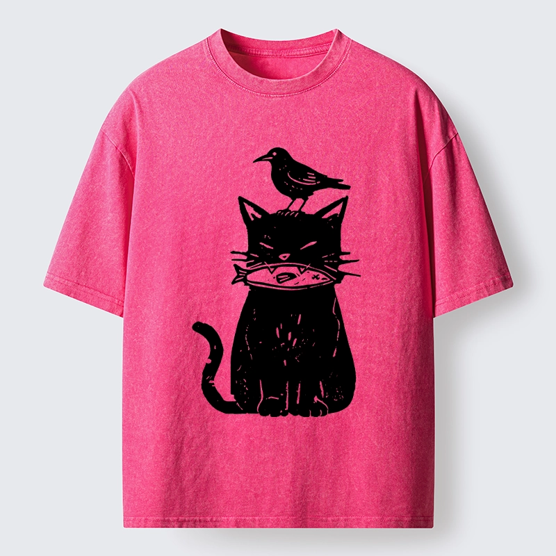 Tokyo-Lion Black Cat With Fish And Bird Washed T-Shirt