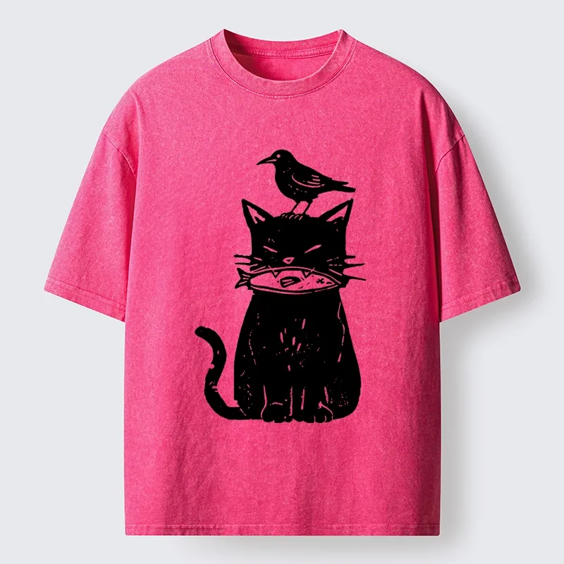 Tokyo-Lion Black Cat With Fish And Bird Washed T-Shirt