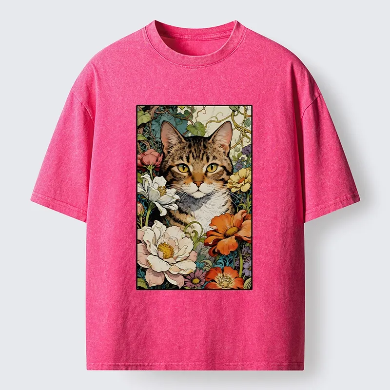 Tokyo-Lion A Cat Hidden In Flowers Washed T-Shirt-Tokyo-Lion