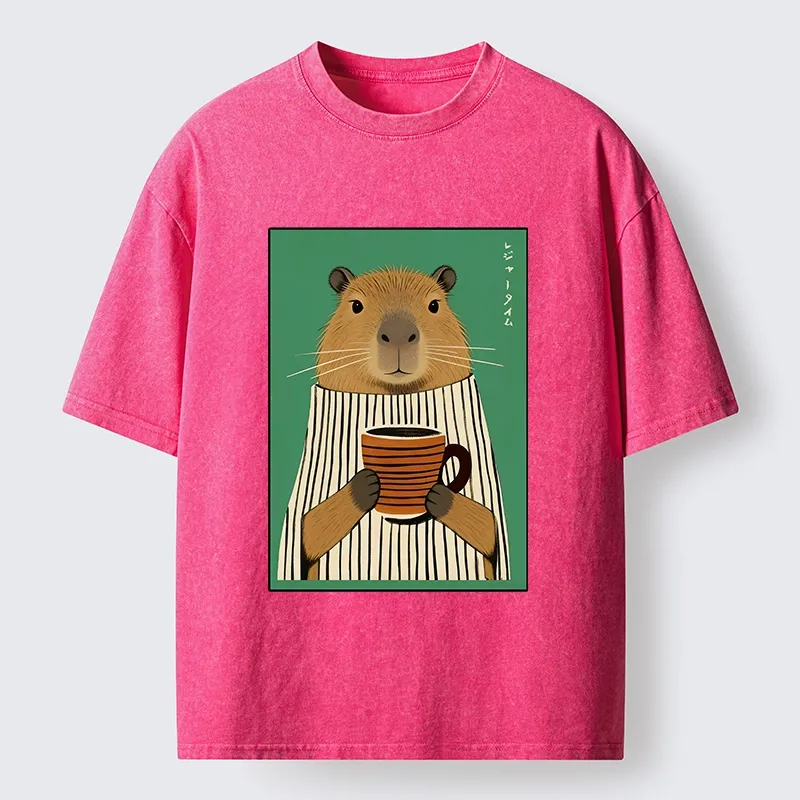 Tokyo-Lion Capybara Coffee Time Washed T-Shirt-Tokyo-Lion