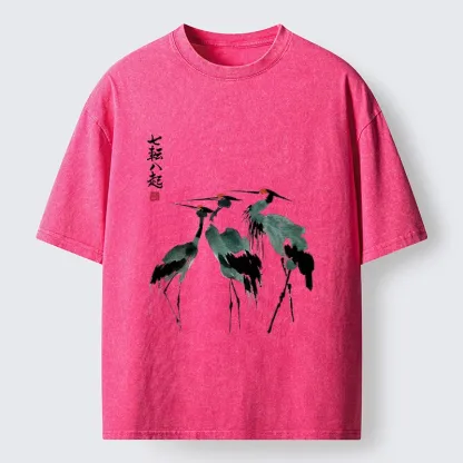 Tokyo-Lion Spirited Up Cranes Ink Painting Washed T-Shirt-Tokyo-Lion