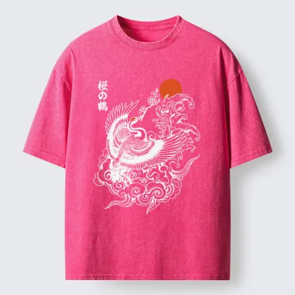 Tokyo-Lion Sakura Crane In Flight Washed T-Shirt