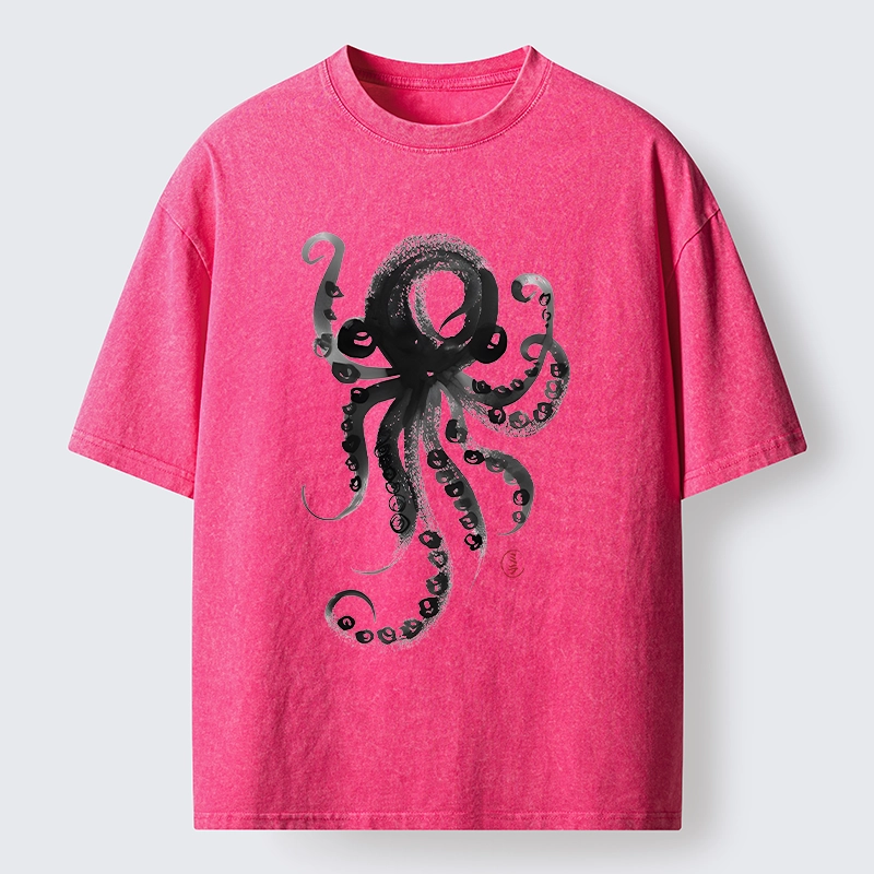 Tokyo-Lion Japanese Ink Octopus Art Washed T-Shirt