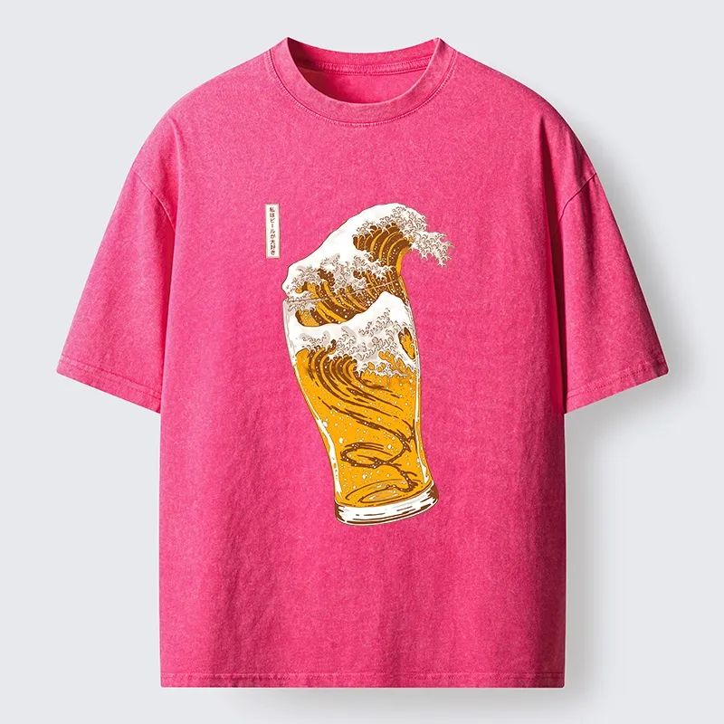 Tokyo-Lion Great Beer Wave Print Washed T-Shirt