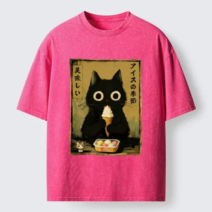 Tokyo-Lion Black Cat Loves Ice Cream Washed T-Shirt