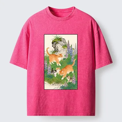 Tokyo-Lion Tabby Cats In Garden Meme Washed T-Shirt