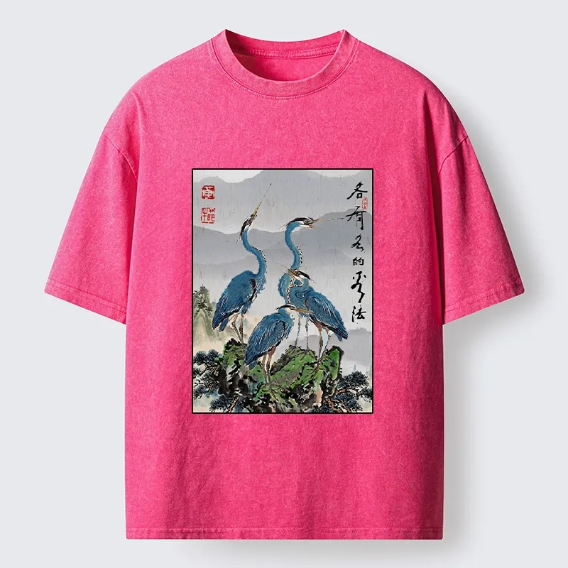 Tokyo-Lion Cranes On Rock Zen Nature Washed T-Shirt