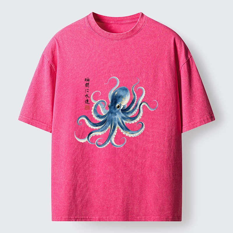 Tokyo-Lion Stylish Blue Octopus Japanese Washed T-Shirt