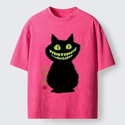 Tokyo-Lion Spooky Black Cat With Green Teeth Washed T-Shirt