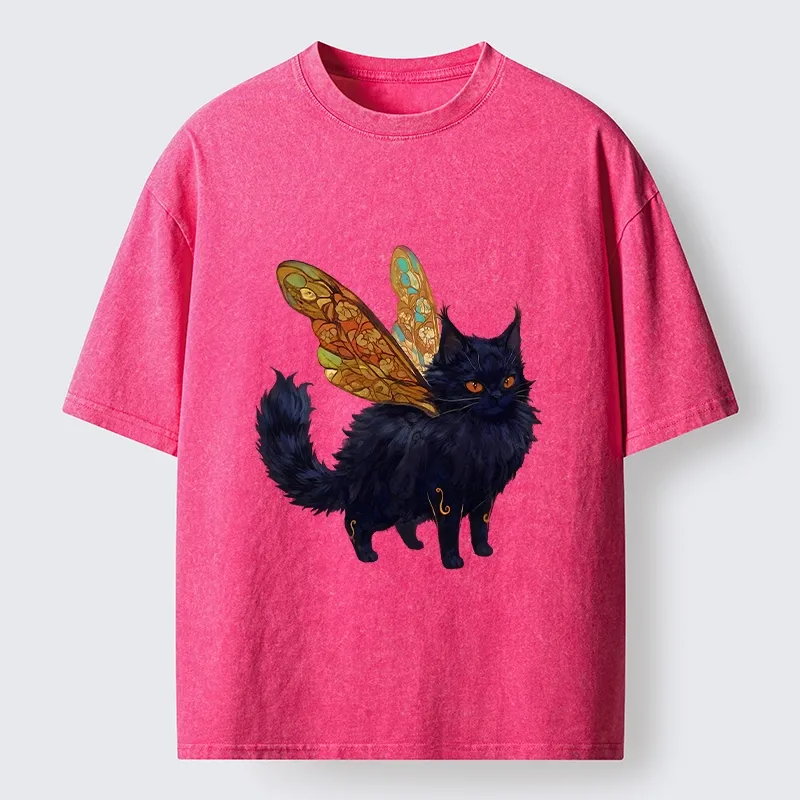 Tokyo-Lion Funny Fairy Black Cat Art Washed T-Shirt