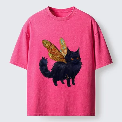 Tokyo-Lion Funny Fairy Black Cat Art Washed T-Shirt