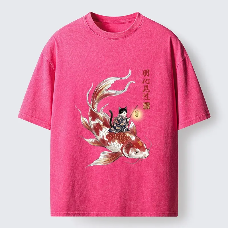 Tokyo-Lion Cute Kimono Cat On Koi Fish Washed T-Shirt