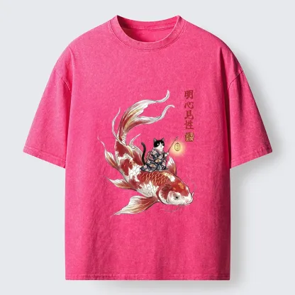 Tokyo-Lion Cute Kimono Cat On Koi Fish Washed T-Shirt