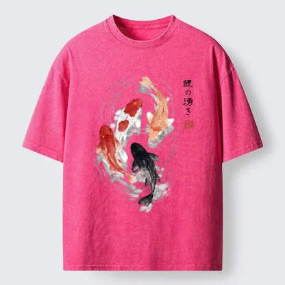 Tokyo-Lion Koi Fish Flow In Traditional Ink Style Washed T-Shirt