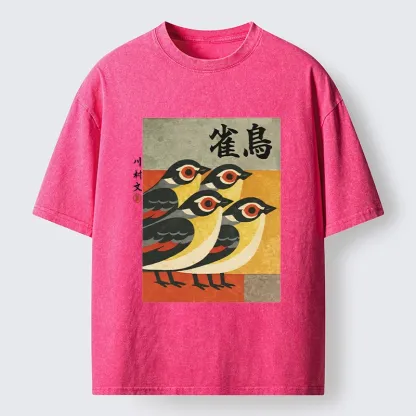Tokyo-Lion Cute Sparrows In Retro Japanese Print Washed T-Shir