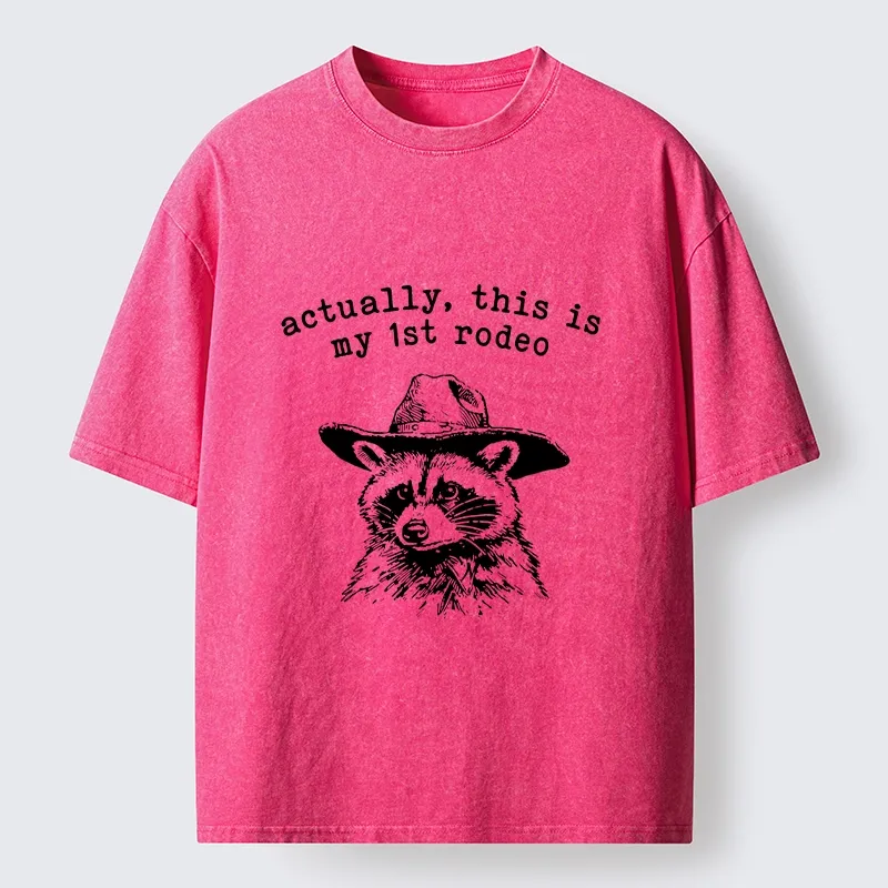 Tokyo-Lion Cowboy Raccoon First Rodeo Meme Washed T-Shirt