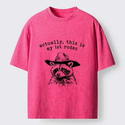 Tokyo-Lion Cowboy Raccoon First Rodeo Meme Washed T-Shirt