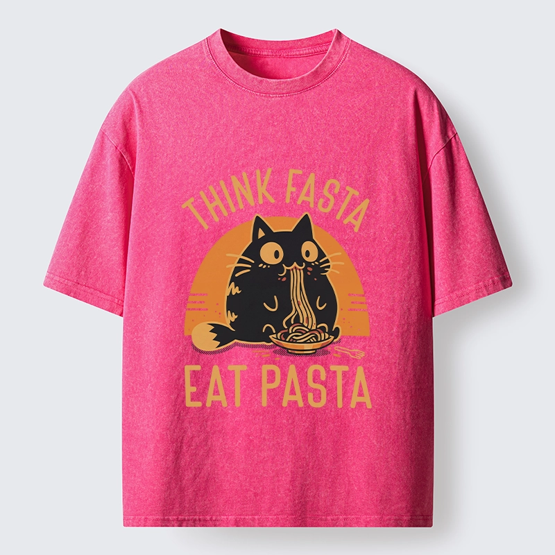 Tokyo-Lion Cute Black Cat Eating Pasta Washed T-Shirt