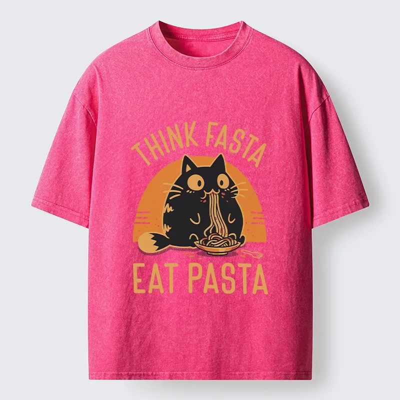 Tokyo-Lion Cute Black Cat Eating Pasta Washed T-Shirt