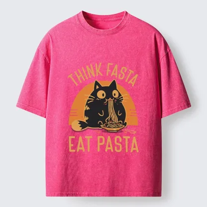 Tokyo-Lion Cute Black Cat Eating Pasta Washed T-Shirt